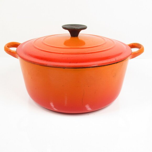 VTG Le Creuset France “E” 4.5 Qt Ribbed Flame Orange Enameled Dutch Oven Pot Lid - Picture 3 of 11